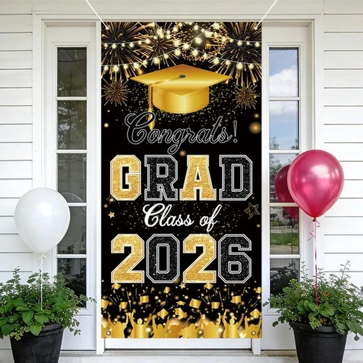 Class of 2026 Graduation Party Decorations Black Gold Congrats Banner Door Co...