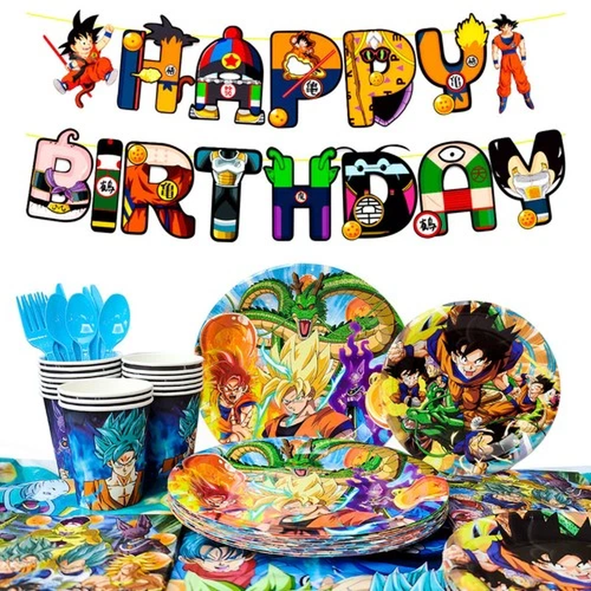 128 Pcs Dragon Ball Z Party Supplies Tableware Napkins Tablecloth Banner Plates