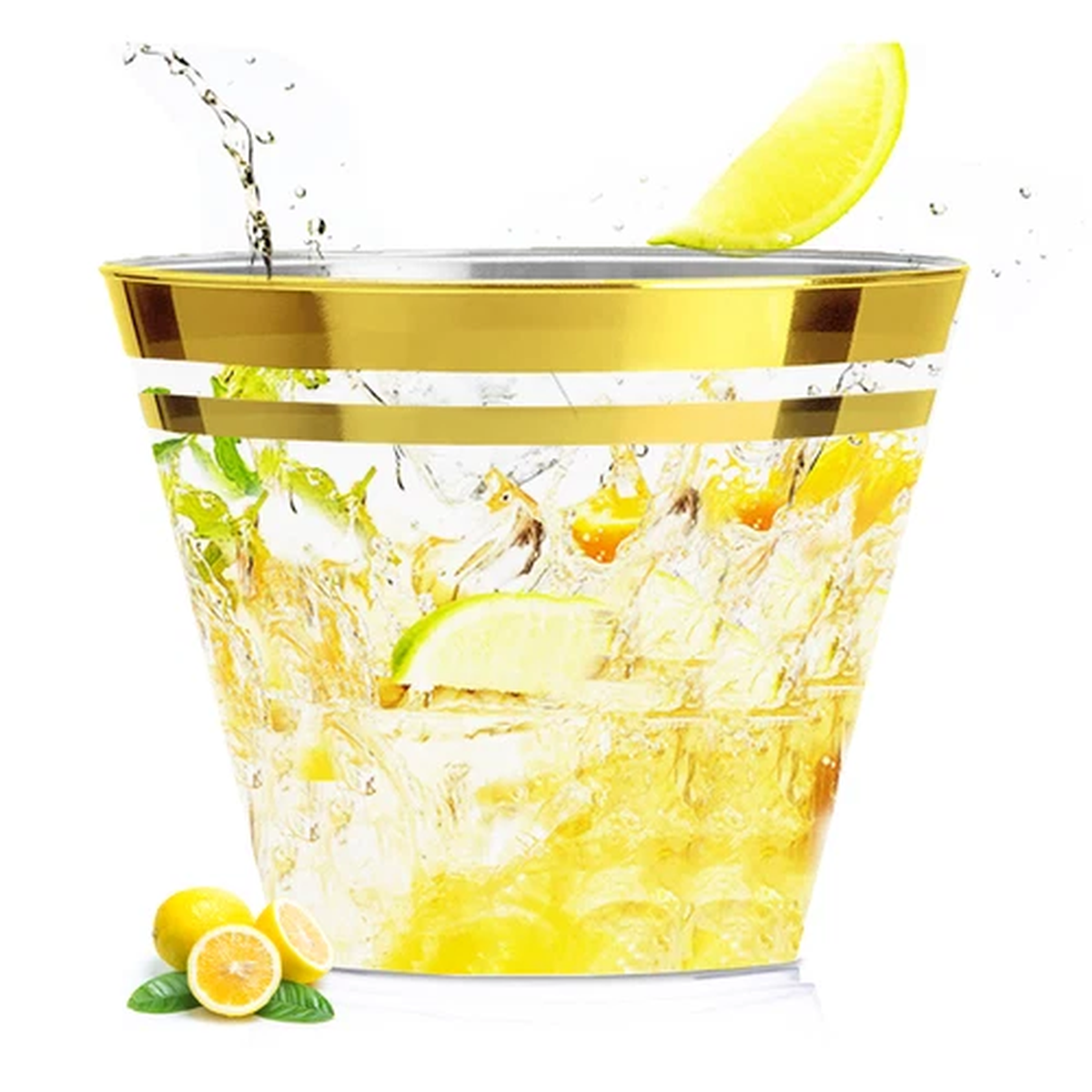 100 Double-Rimmed Gold Plastic Cups 9 Oz Clear Plastic Cups for Events