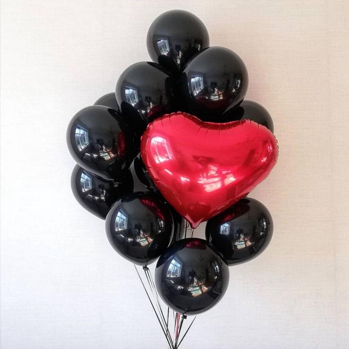 12pcs Black Latex with 1 Red Heart-Shaped Helium Foil Balloons Bunch - Valentine's, Anniversary Per