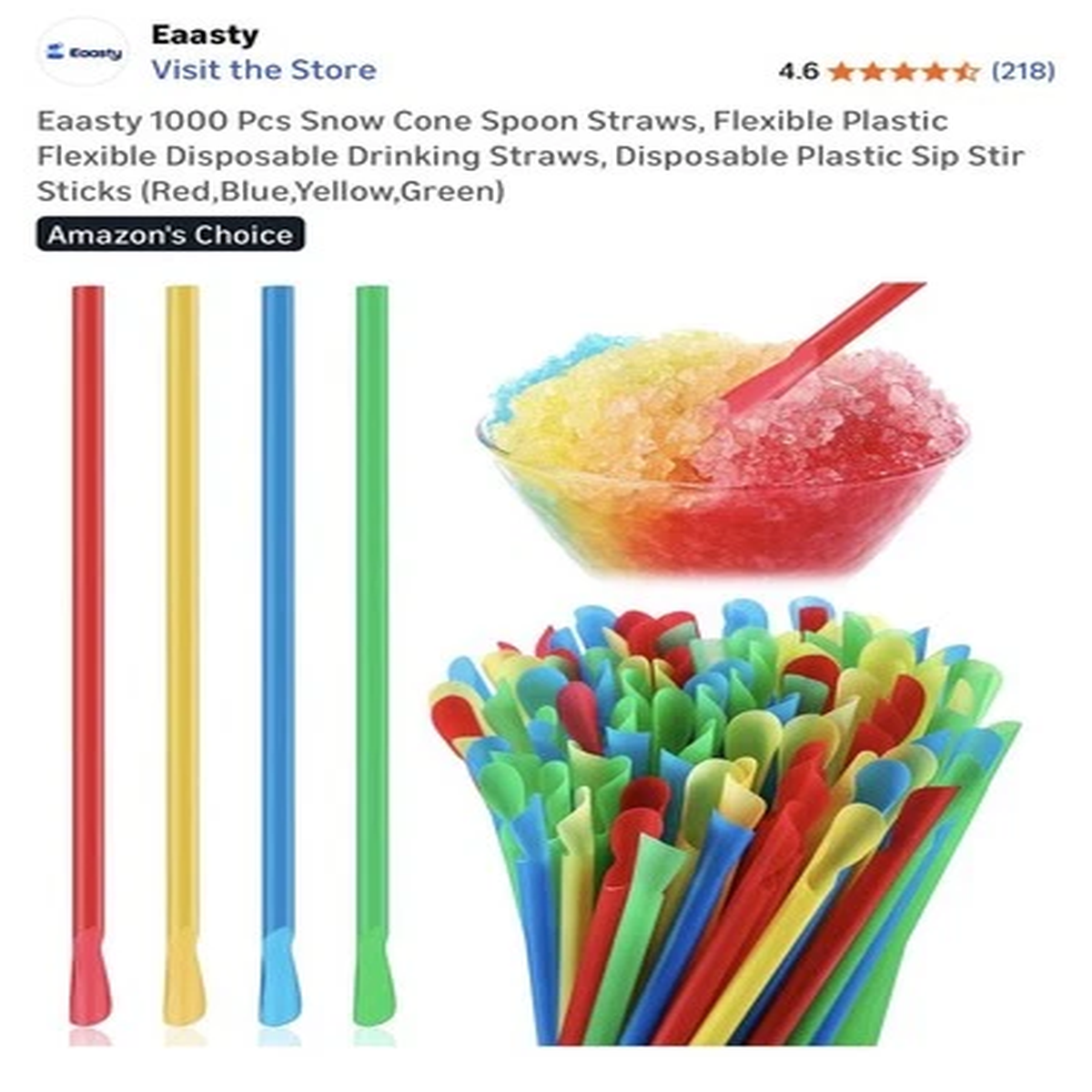 1000 Pcs Snow Cone Spoon Straws, Flexible Plastic Flexible Disposable Drinking