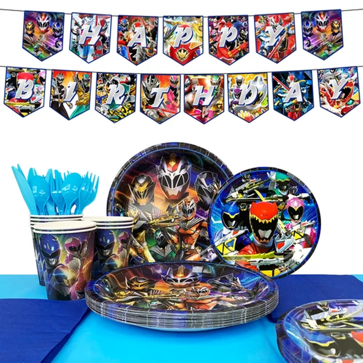 128 Pcs Power Rangers Party Tableware,Power Decorations Tablecloth Banner Plates