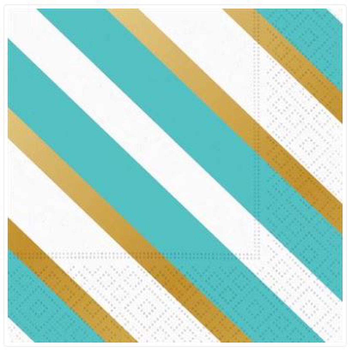 Aqua & Gold Stripes Beverage Napkins Pack of 16
