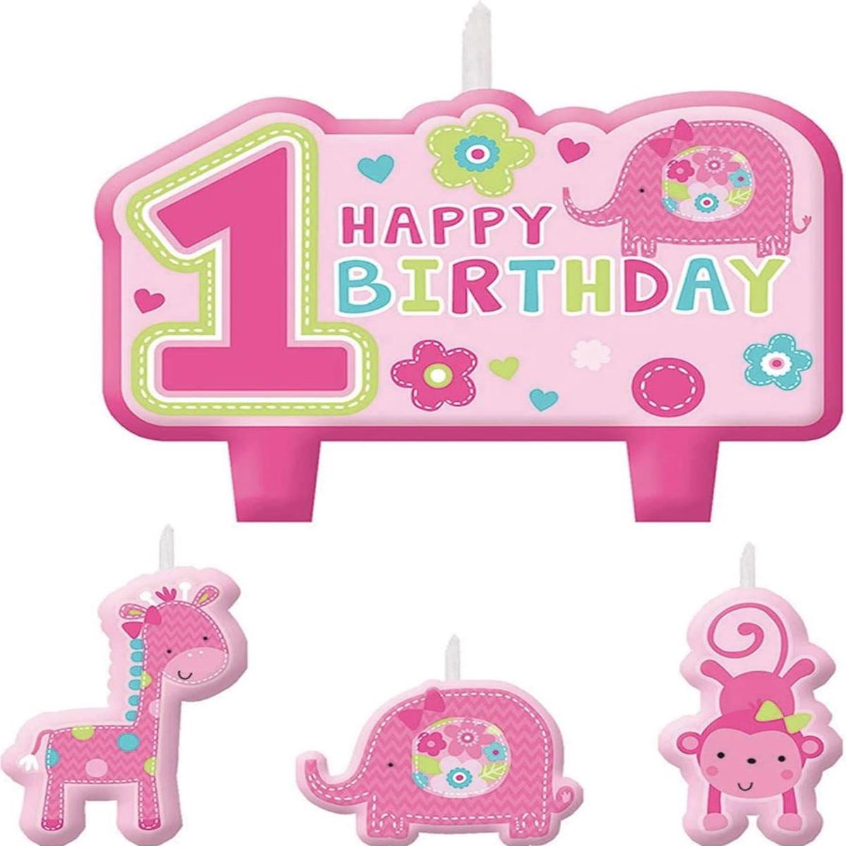 1st Happy Birthday Wild Animals Pink Candles Pack of 4