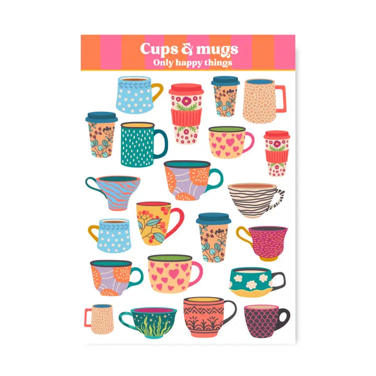 Only Happy Things Stationery A6 Sticker Sheet - Cups and Mugs